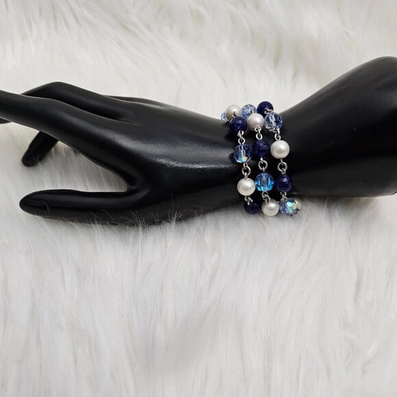 Trifari Silver Tone Blue Crystal Faux Pearl Three Strand Bracelet - Picture 3 of 7